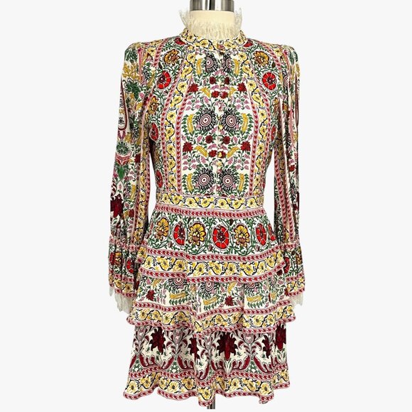 Alice + Olivia Dresses & Skirts - Alice + Olivia Lawson Mock Neck Floral Mini Dress Size 4 Flower Pot Ecru Multi